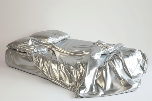 A Bed That Is Wrapped up in a Silver Sheet on a White Background