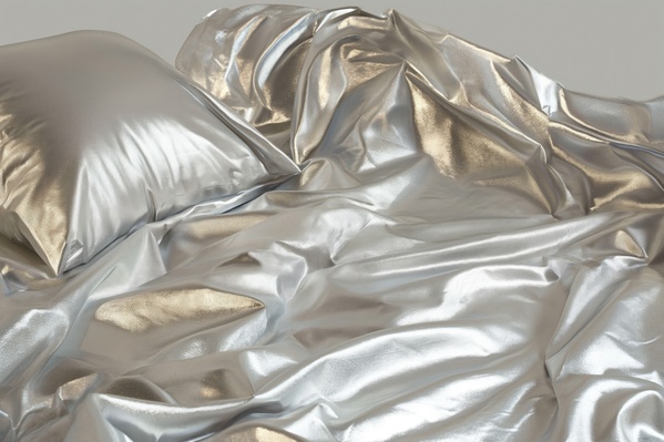 A Bunch of Pillows Laying on Top of a Silver Blanket