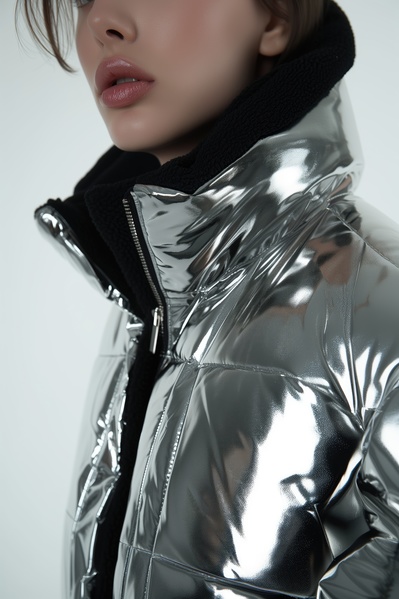 A Close up of a Woman Wearing a Metallic Jacket