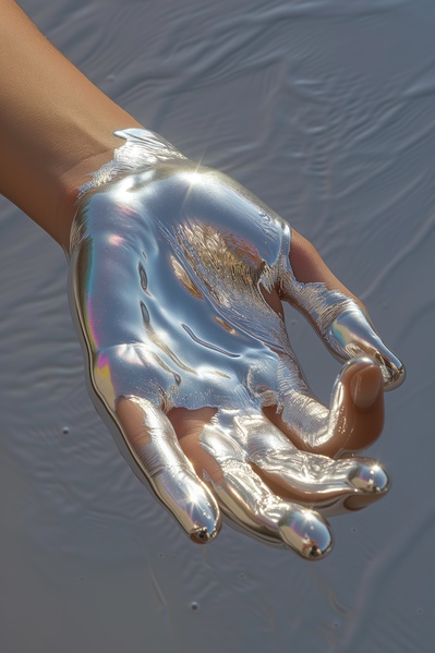 A PersonS Hand Is Covered in a Shiny Silver Substance
