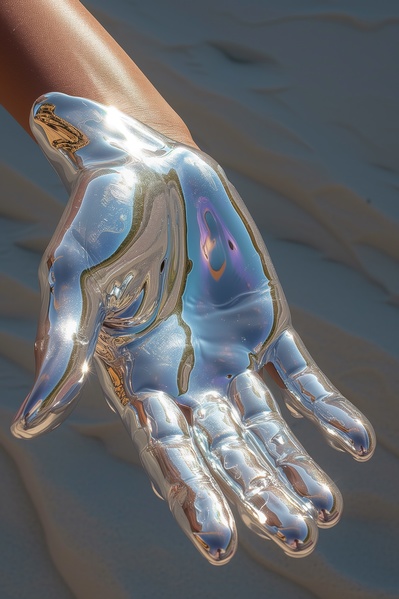 A PersonS Hand with a Shiny Silver Glove on It