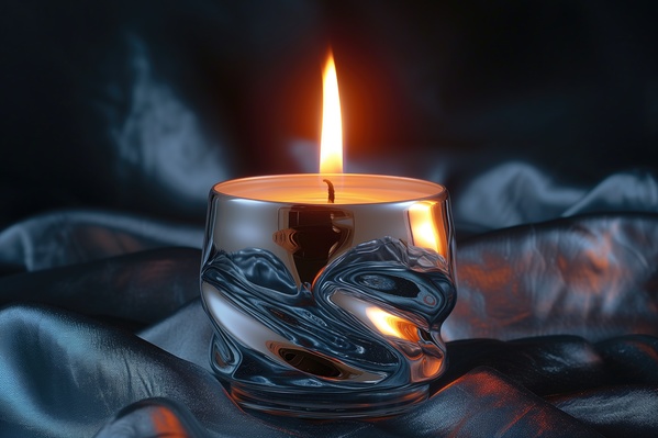 A Close up of a Lit Candle on a Satin Table Cloth