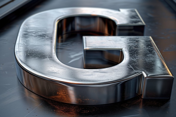 A Close up of the Letter G on a Shiny Metal Table Top