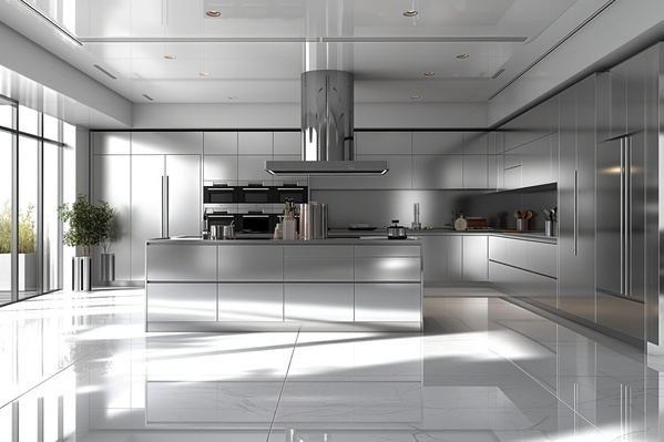 A Large Modern Kitchen with Stainless Steel Cabinets and Appliances