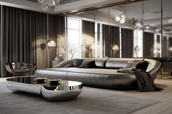 A Living Room with a Leather Couch and a Mirrored Wall