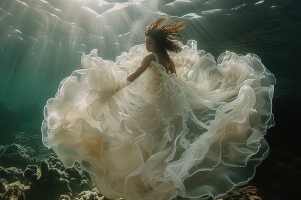A Woman in a Wedding Dress Swimming Underwater in the Ocean
