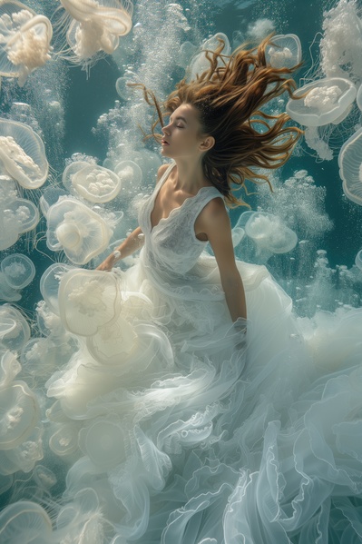 A Woman in a Wedding Dress Swimming Underwater with Jellyfish