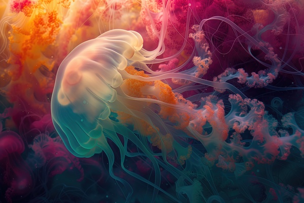 A Colorful Jellyfish Swimming in an Ocean of Colorful Water