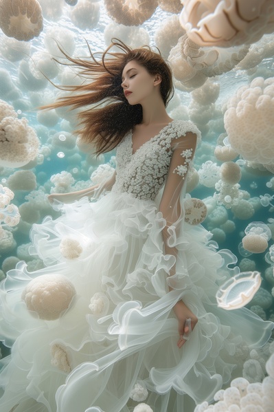 In this image a beautiful woman wearing a white wedding dress is submerged in a sea of bubbles and jellyfish.