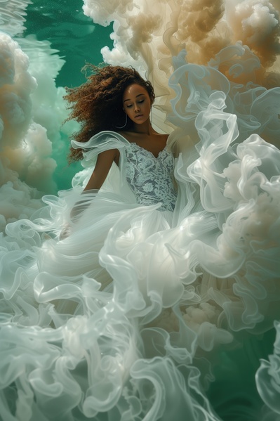 The image depicts a beautiful woman dressed in a white wedding gown floating in the middle of a body of water surrounded by clouds.