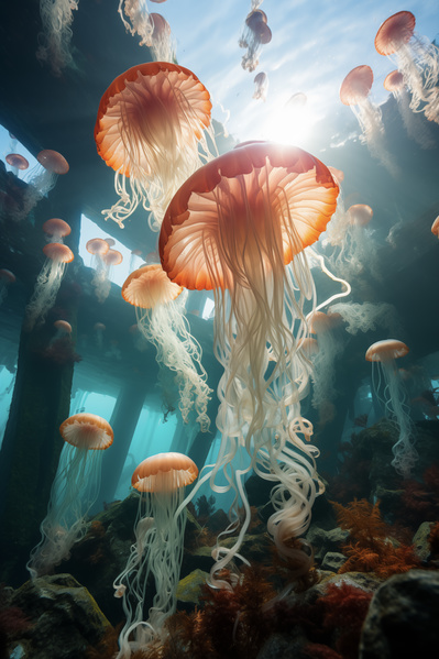 A Group of Jellyfish Swimming Underwater in an Aquarium