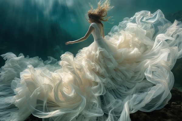 In this image a beautiful woman is elegantly dressed in a white wedding gown as she floats gracefully underwater.