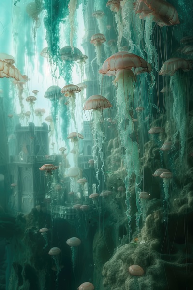 An Underwater Scene with Jellyfish and Other Sea Creatures Floating