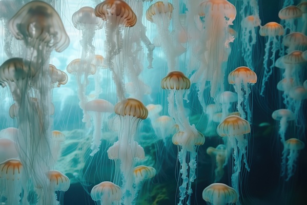 Jellyfish Are Swimming in the Water underneath the Ocean