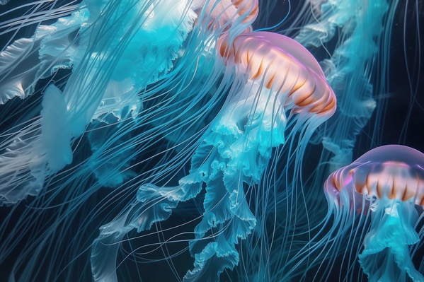 Jellyfish Are Swimming in the Water with Blue and Pink