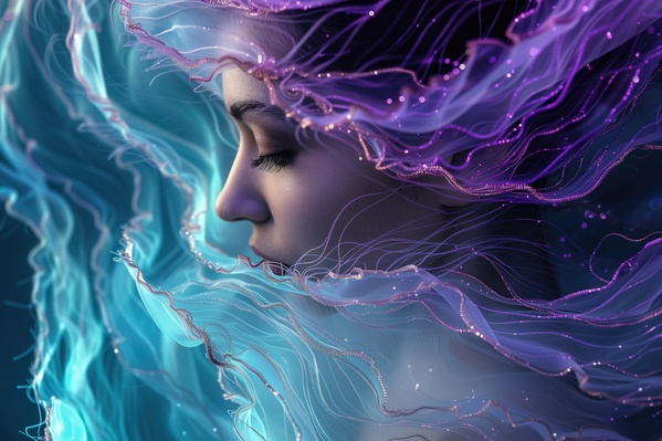 In this digital artwork a woman is depicted as a mermaid surrounded by purple and blue waves.