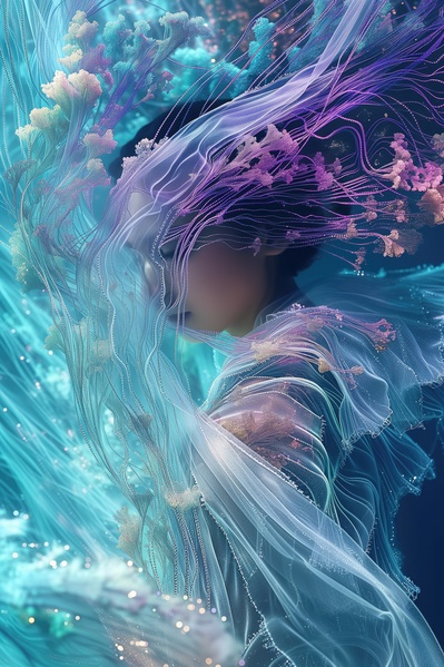 An Artistic Digital Painting of a Woman Underwater with Jellyfish