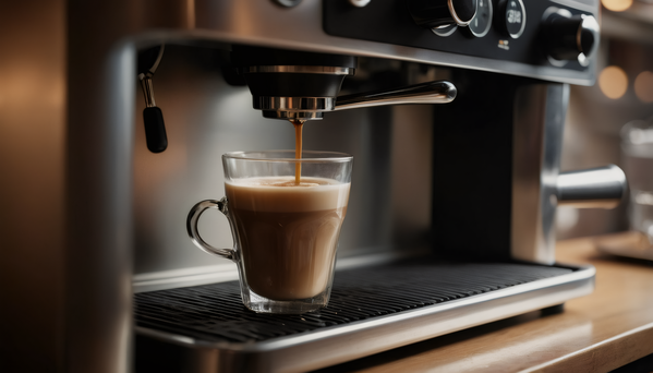 The image features a close-up view of an espresso machine with a cup of coffee being poured into it.