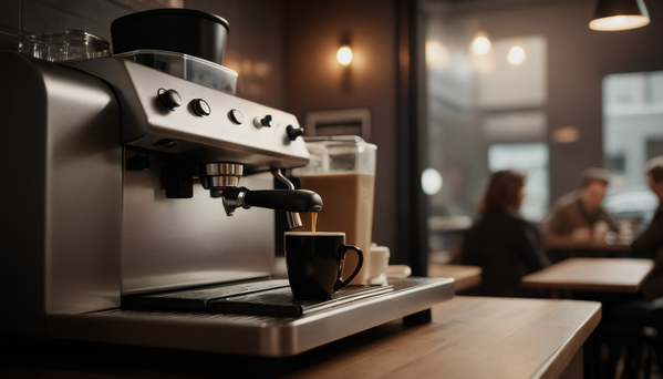 The image depicts an espresso machine sitting on a wooden table in a coffee shop.