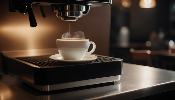 The image features a close-up view of an espresso machine pouring a cup of coffee into a white cup.
