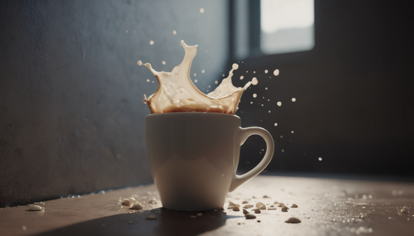 A Coffee Mug with Milk Splashing Out of the Top of It