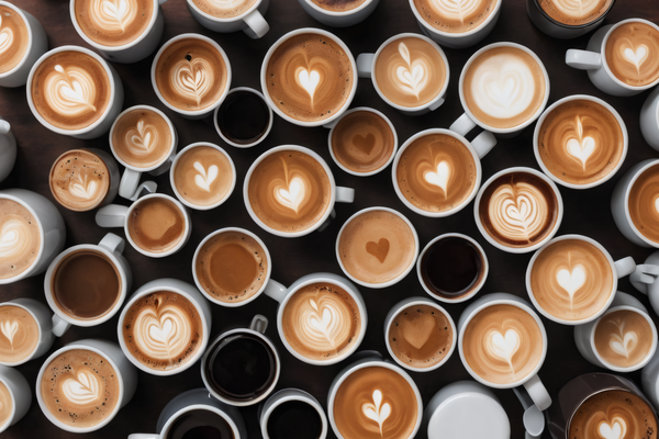 In this image there are multiple cups of coffee arranged in a heart-shaped pattern on a table.