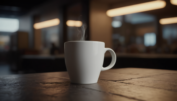 A White Mug Sitting on a Table with Steam Coming Out of It