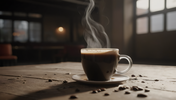 In this image a steaming cup of coffee sits on a wooden table surrounded by coffee beans scattered around it.