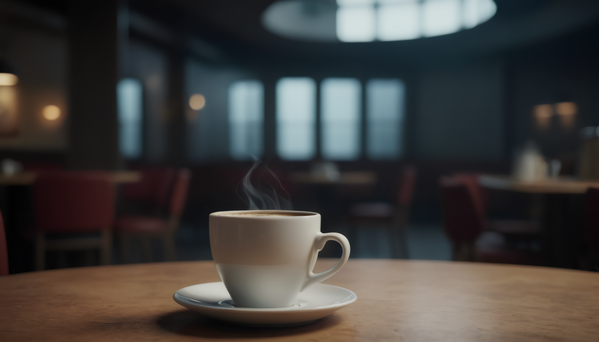 In this image a white coffee cup sits on top of a wooden table in a dining room.