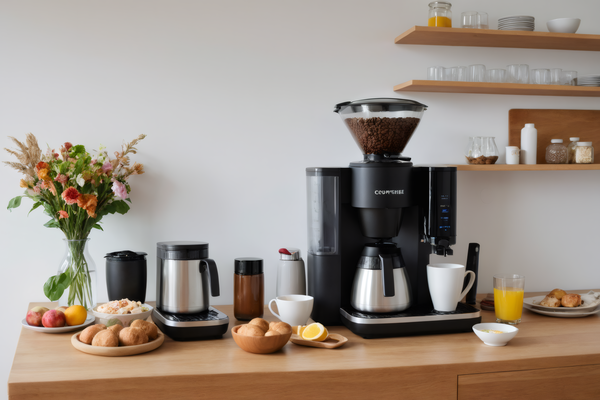 The image depicts a well-appointed kitchen counter with a coffee maker and various food items.