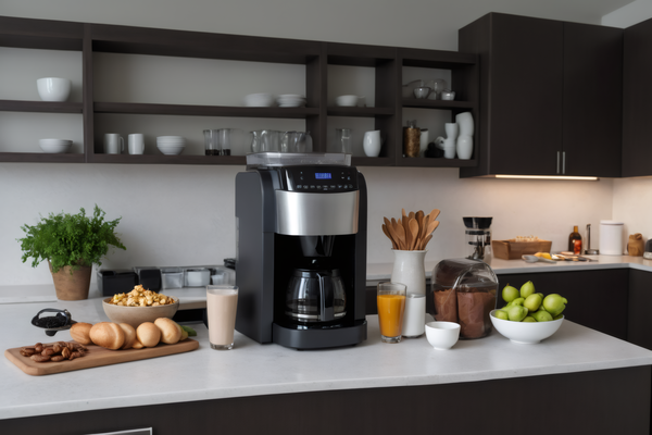 The image depicts a well-appointed kitchen with a black coffee maker situated on a countertop.