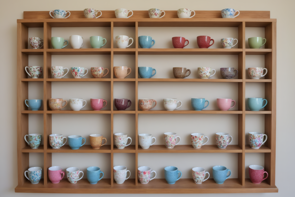 The image showcases a wooden shelf filled with various cups and mugs of different shapes sizes and colors.