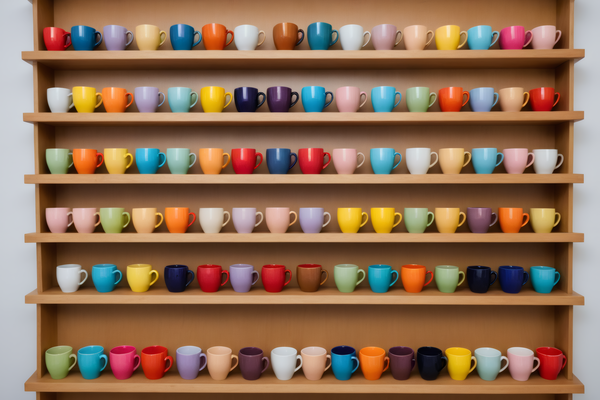 The image showcases a wooden shelf filled with a variety of colorful coffee mugs.