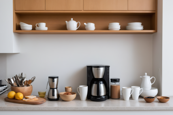 In this image a kitchen countertop is adorned with a variety of cups bowls and utensils.