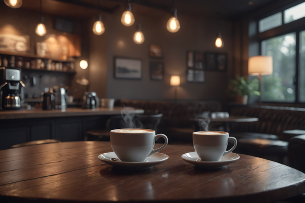 In this image there are two cups of coffee placed on a wooden dining table in a restaurant.