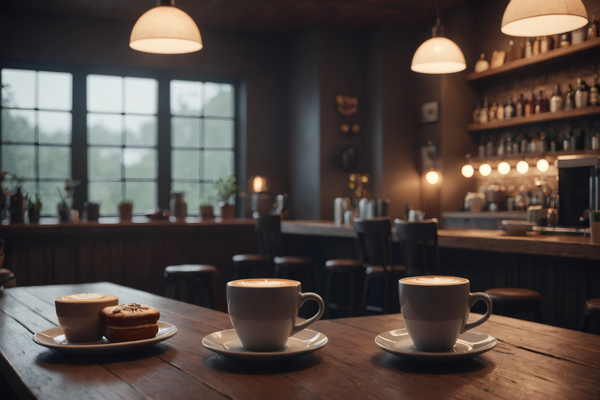 In this image there are two cups of coffee placed on a wooden dining table in a bar setting.