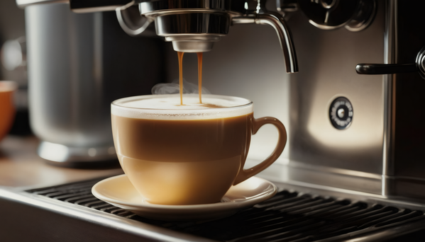 The image features a close-up view of a cup of coffee being poured from an espresso machine into a cup.