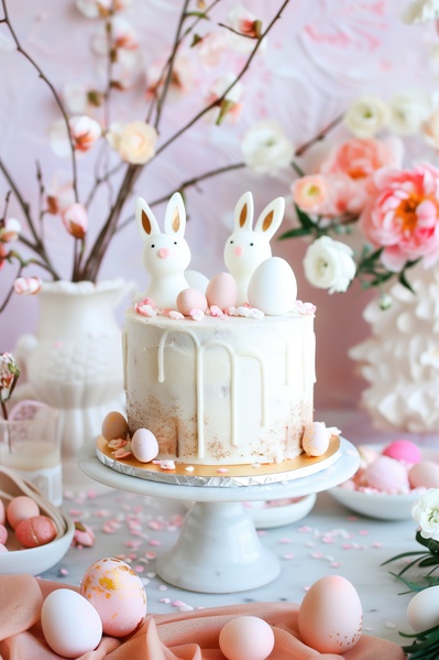The image showcases a beautifully decorated easter-themed cake with two white bunnies sitting on top of it.