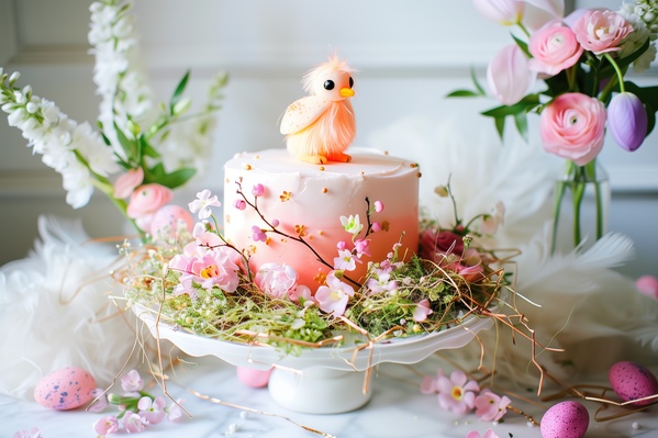 A Pink and White Cake with a Bird on Top of It