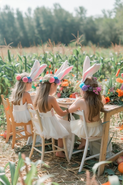 In this image there are three young girls sitting at a dining table in a cornfield.