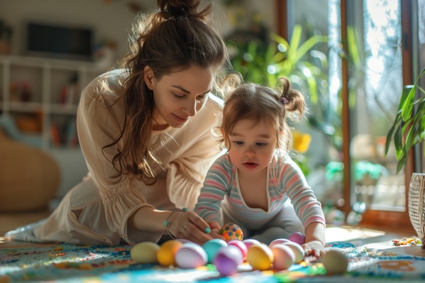 A Woman and a Little Girl Playing with Easter Eggs on the Floor