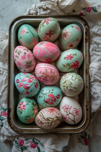 The image showcases a beautifully decorated easter egg tray filled with colorful hand-painted eggs.