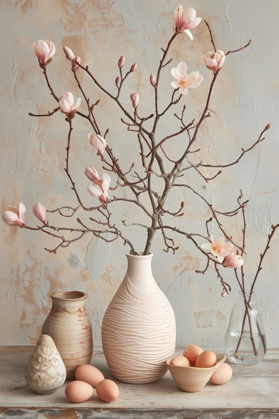 A Vase with Pink Flowers Sitting on a Table with Some Eggs