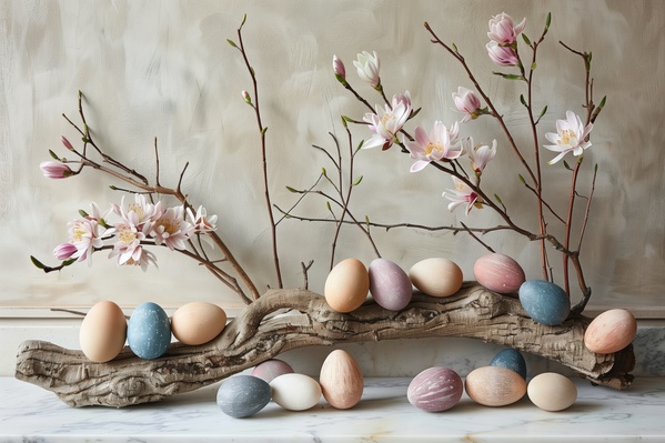 The image showcases a beautiful display of colorful easter eggs arranged on a wooden branch with pink flowers in the background.