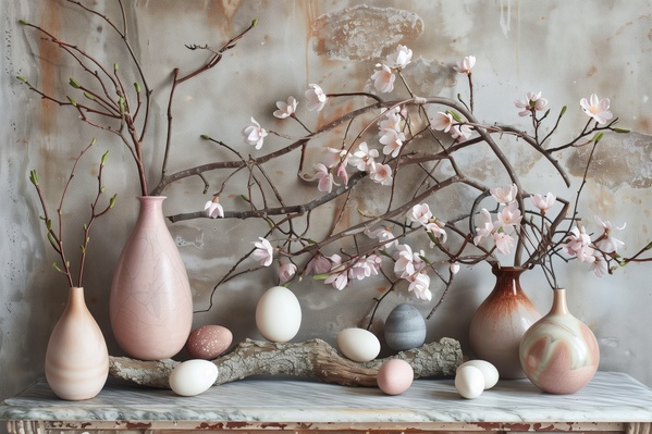 The image showcases a beautifully decorated mantelpiece adorned with a variety of vases and eggs.