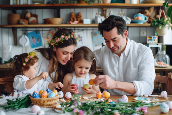 A Man a Woman and Two Children Decorating Easter Eggs