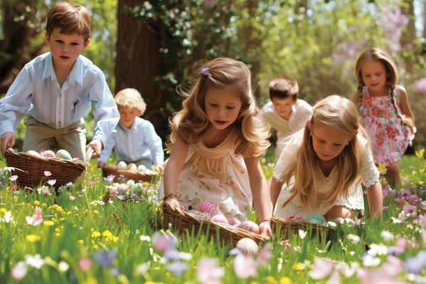 The image depicts a group of young children playing in a grassy field surrounded by colorful wildflowers.