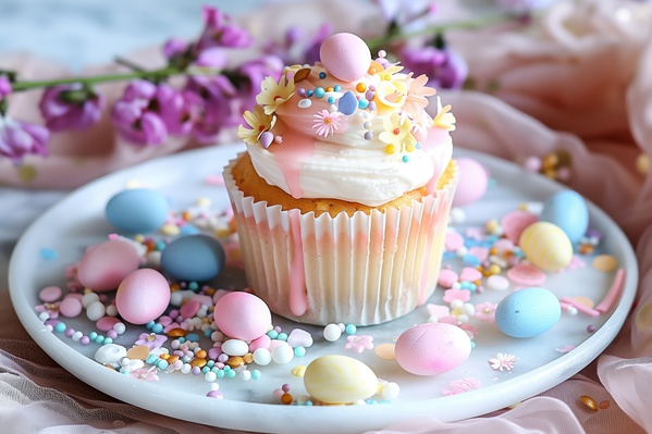 The image showcases a beautifully decorated cupcake sitting on a white plate.