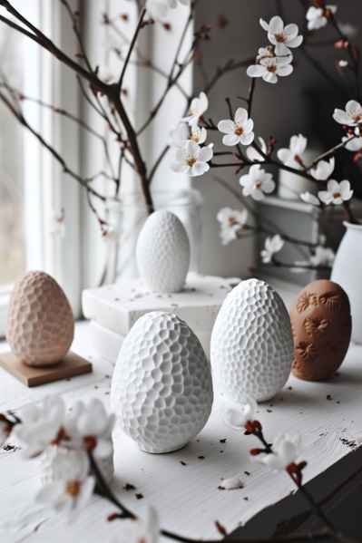 In this image there are several white ceramic eggs placed on a shelf near a window.