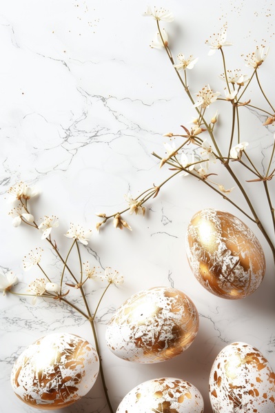 White and Gold Easter Eggs Sit on a Marble Table with Flowers